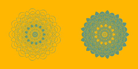 Yoga ornamental emblems biljna arabeska and mandala set. Vector geometric symbols with typography. Graphic templates for relax or spa center, yoga studio, healthcare and traditional medicine. part 6のイラスト素材