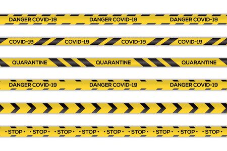 Creative vector illustration of black and yellow stripes coronavirus border. Warning quarantine. Set of danger caution seamless tapes. Art design line of virus places. Abstract concept graphic elementのイラスト素材