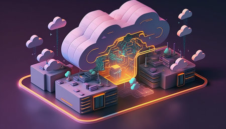 Cloud computing concept in isometric 3d render on dark background with neon lights