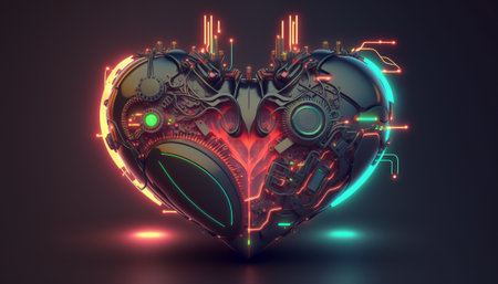 Futuristic heart with neon lights on dark background. 3D renderingの写真素材