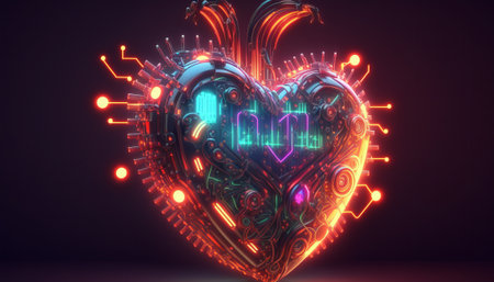 3d rendering of digital heart with circuit board on dark background.の写真素材