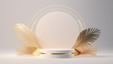 Podium for natural product with palm. Background and premium podium display for product presentation branding and packaging presentationの写真素材