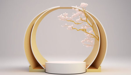 Podium for natural product with palm. Background and premium podium display for product presentation branding and packaging presentationの写真素材