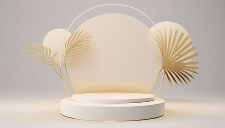 Podium for natural product with palm. Background and premium podium display for product presentation branding and packaging presentationの写真素材