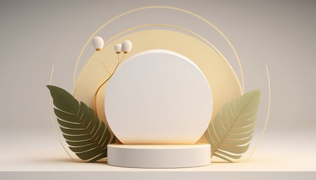 Podium for natural product with palm. Background and premium podium display for product presentation branding and packaging presentationの写真素材