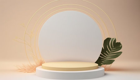 Podium for natural product with palm. Background and premium podium display for product presentation branding and packaging presentationの写真素材