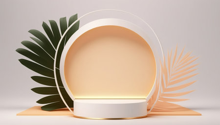 Podium for natural product with palm. Background and premium podium display for product presentation branding and packaging presentationの写真素材