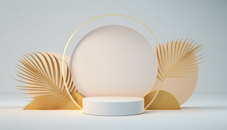 Podium for natural product with palm. Background and premium podium display for product presentation branding and packaging presentationの写真素材