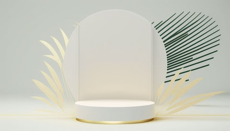 Podium for natural product with palm. Background and premium podium display for product presentation branding and packaging presentationの写真素材