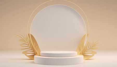 Podium for natural product with palm. Background and premium podium display for product presentation branding and packaging presentationの写真素材