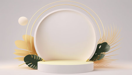 Podium for natural product with palm. Background and premium podium display for product presentation branding and packaging presentationの写真素材