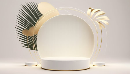 Podium for natural product with palm. Background and premium podium display for product presentation branding and packaging presentationの写真素材