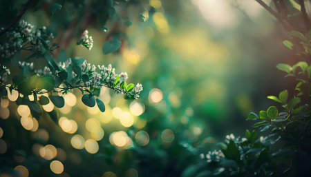 Spiring Green Garden with Flowers Backgroundの写真素材