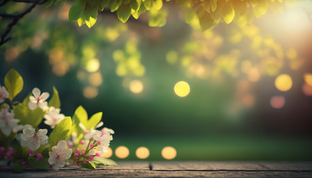 Spiring Green Garden with Flowers Backgroundの写真素材