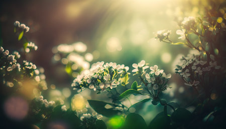 Spiring Green Garden with Flowers Backgroundの写真素材