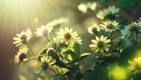 Spiring Green Garden with Flowers Backgroundの写真素材