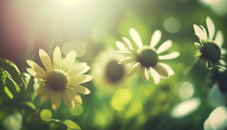 Spiring Green Garden with Flowers Backgroundの写真素材