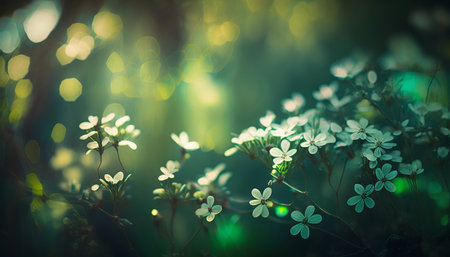 Spiring Green Garden with Flowers Backgroundの写真素材