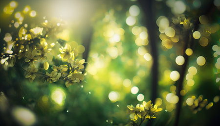 Spiring Green Garden with Flowers Backgroundの写真素材