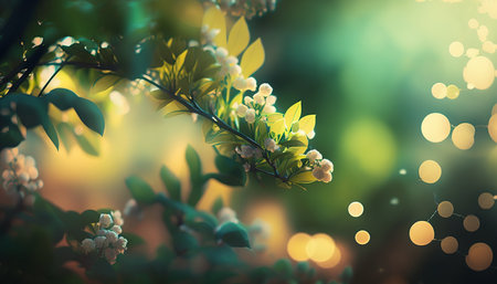 Spiring Green Garden with Flowers Backgroundの写真素材