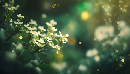 Spiring Green Garden with Flowers Backgroundの写真素材