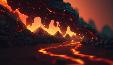 Volcano red and orange lava erupting backgroundの写真素材