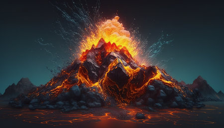 Volcano red and orange lava erupting backgroundの写真素材