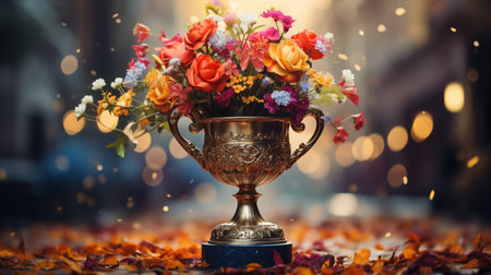 Floral Trophy at Awards Ceremony. Banner with place for textの写真素材