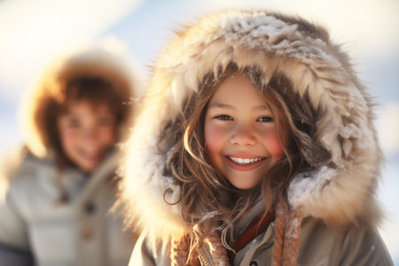 Joyful Eskimo Kids on a Winter Backgroundの素材