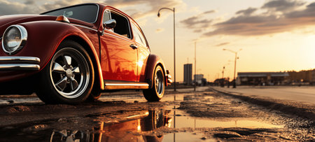 Car at Sunset on a Wet Road. Banner place for textの素材