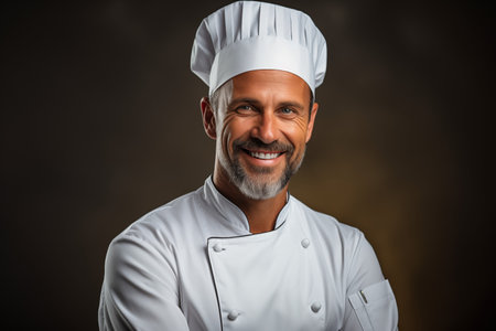 Chef Man in a White Uniform and Hat on a Studio Backgroundの素材
