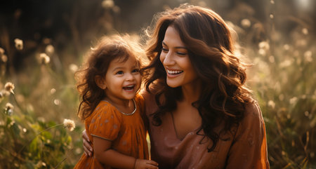 Beautiful mother and her little daughter spending time together in the field.の素材