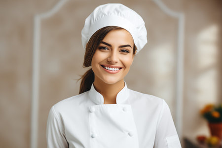 Portrait of a smiling young female chef in white uniform and hat.の素材