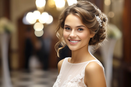 Radiant Elegance. Beautiful Happy Bride in a Banqueting Hallの素材