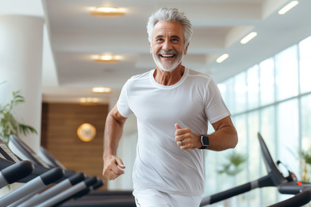 Happy Senior Man Running on Treadmill in Gymの素材