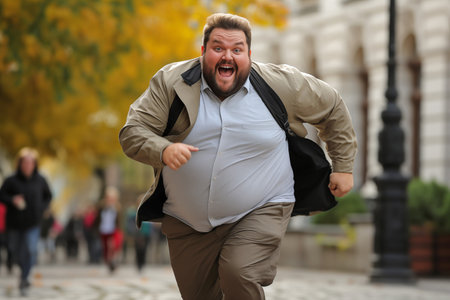 Plus-Size Man Running in the City Parkの素材