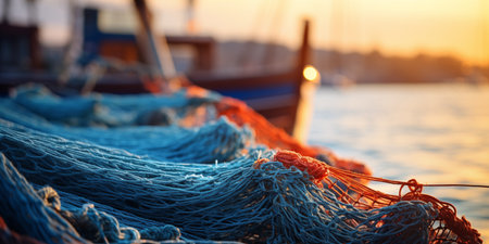 Fishing net on the background of a fishing boat.の素材