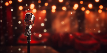 Microphone Stand in Stand-up Comedy Club with Comedian. Banner with place for text.の素材