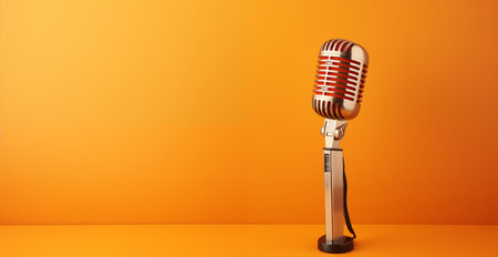 Microphone Stand in Stand-up Comedy Club with Comedian. Banner with place for text.の素材