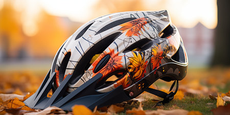 Bicycle helmet on a forest background.の素材