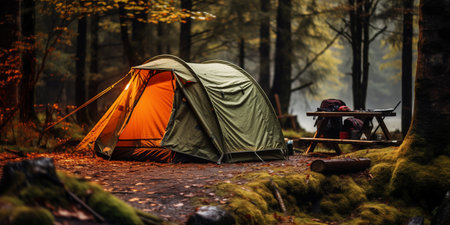 Camping Tent at Wilderness Campsite. Travel Banner with place for text.の素材