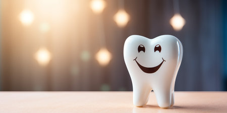 Tooth smile and happy on wooden table with light bokeh background.の素材