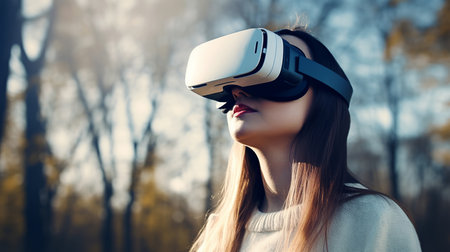 Young woman wearing virtual reality goggles in the park. Future technology concept.の素材