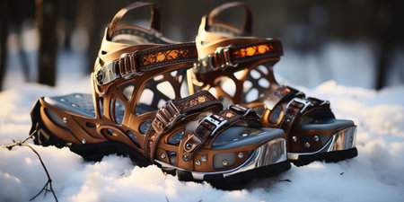 Children's sandals on the snow in the winter forest. Selective focus.の素材