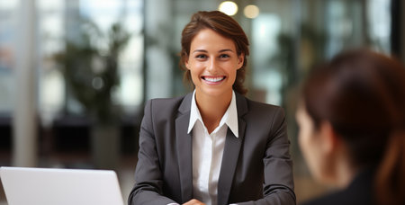 Portrait of smiling businesswoman sitting in office and looking at cameraの素材