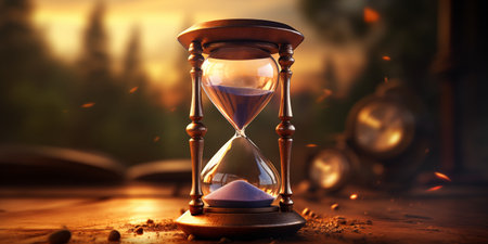 Time concept. Old hourglass with sand running through the time.の素材