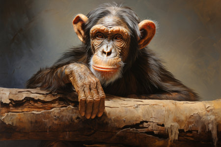 Chimpanzee sitting on a log in a zoo. Animal theme.の素材