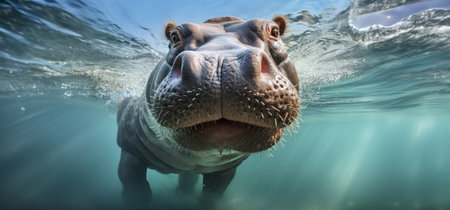 Hippopotamus swimming underwater in the ocean. 3d renderingの素材