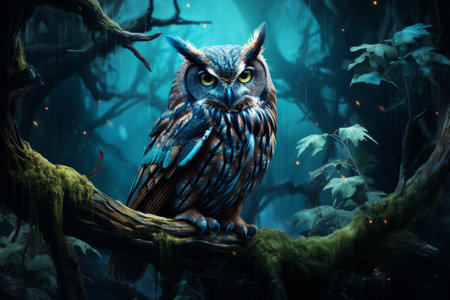 Beautiful owl sitting on a tree branch in the forest. Night forestの素材