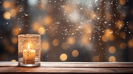 Candle in windowsill against on a background of snowy forest and snow-covered trees outside the windowの素材